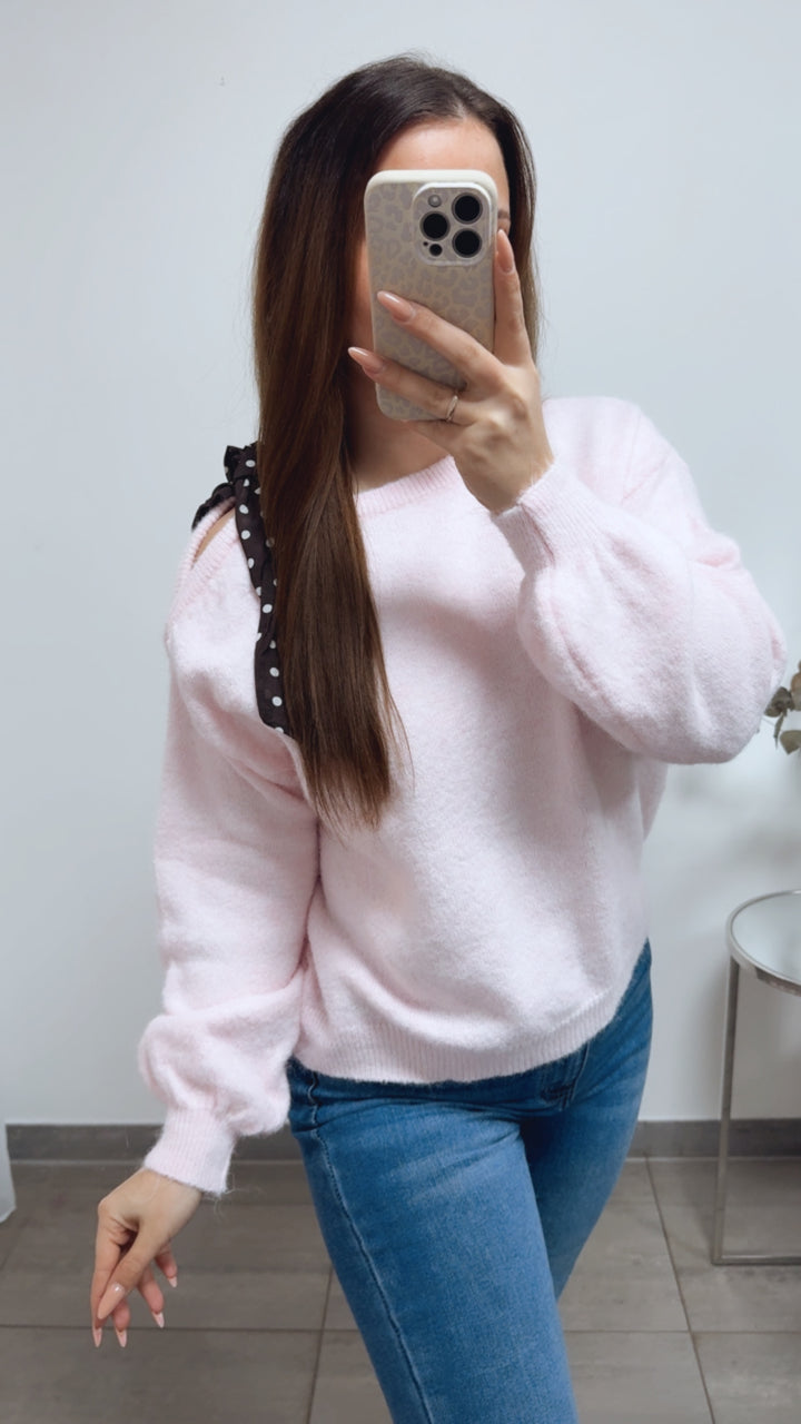 ONE SHOULDER Pullover, Punkte Schleife / soft rosa Art. 13819