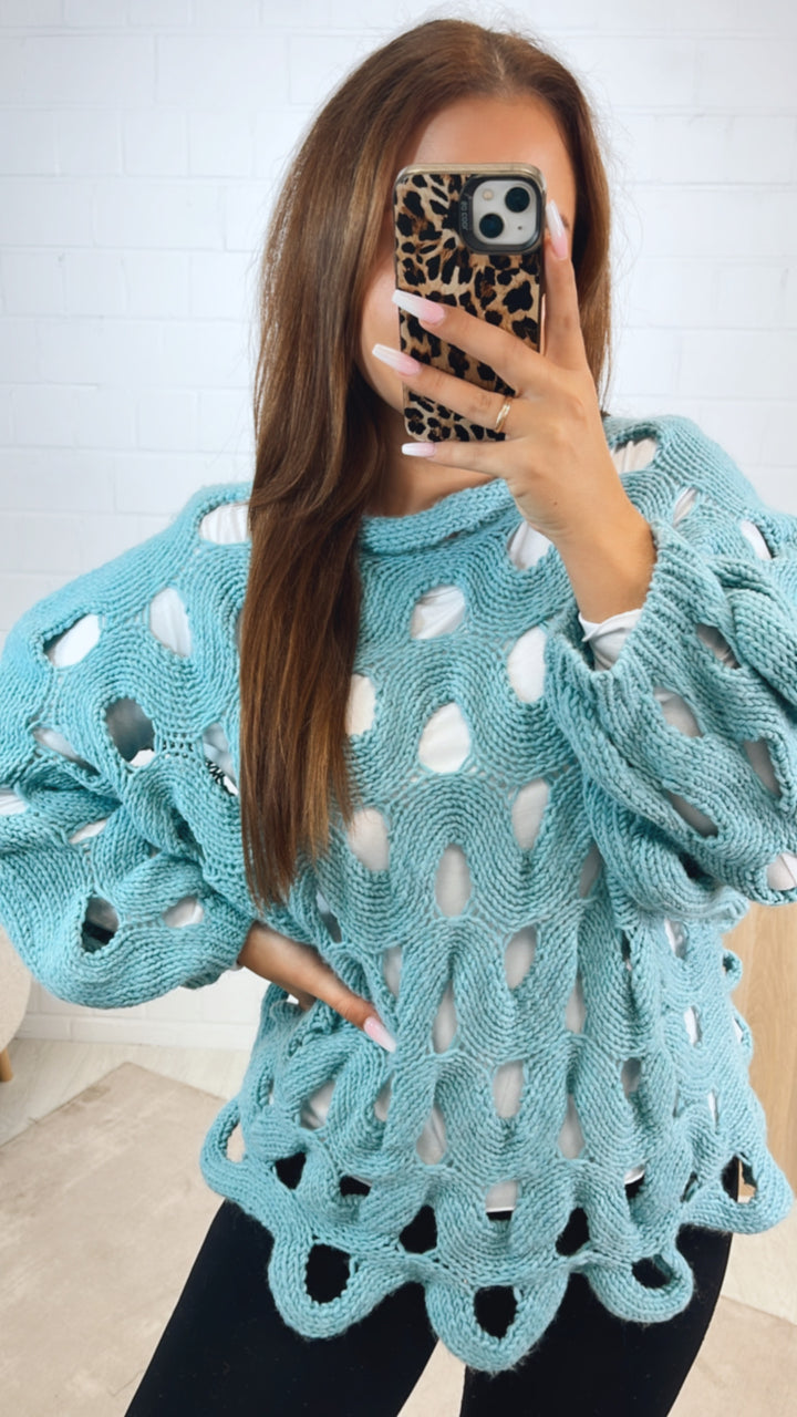 ausgefallener Pullover, grobes Loch Muster / aqua Art. 12367