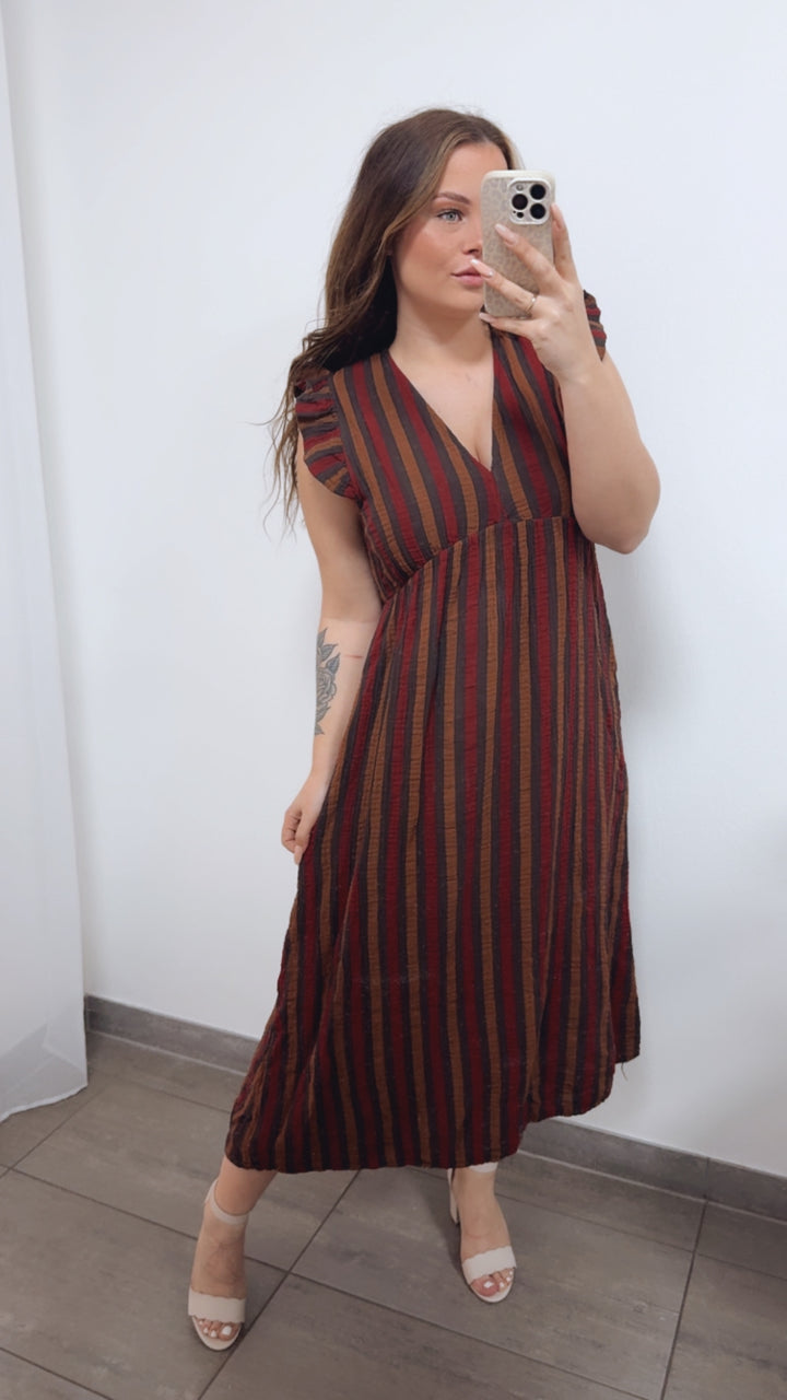 (Midi-) Musselin Kleid mit Volant Schultern, Streifen / dunkel braun - Rost - rot Art. 14740