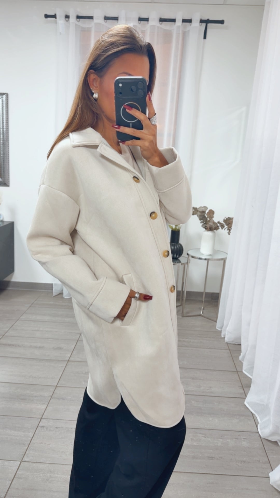 WILDLEDER OPTIK Long Jacke mit Taschen / creme Art. 16405