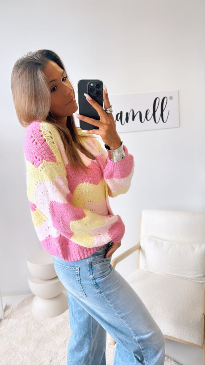 Strickjacke mit Herzknöpfen/ soft pink- gelb   Art.11160