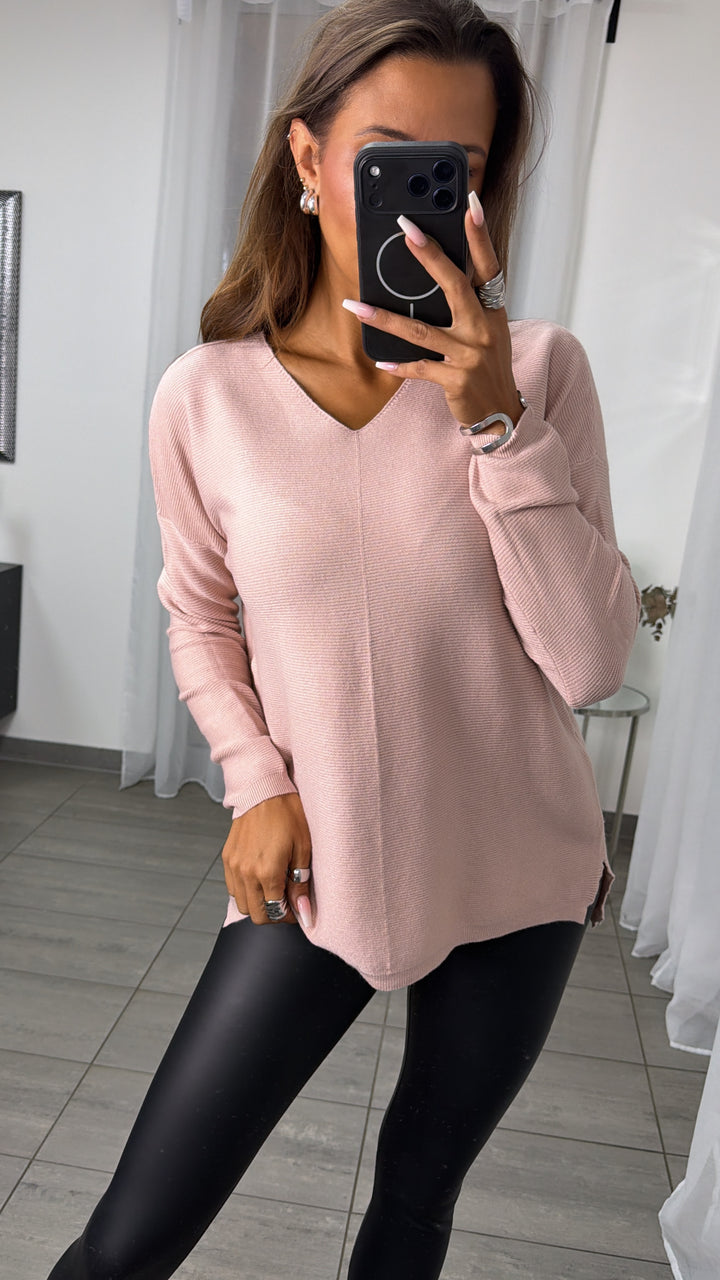Gerippter Feinstrick Pullover mit V-Ausschnitt / altrosa Art.16365