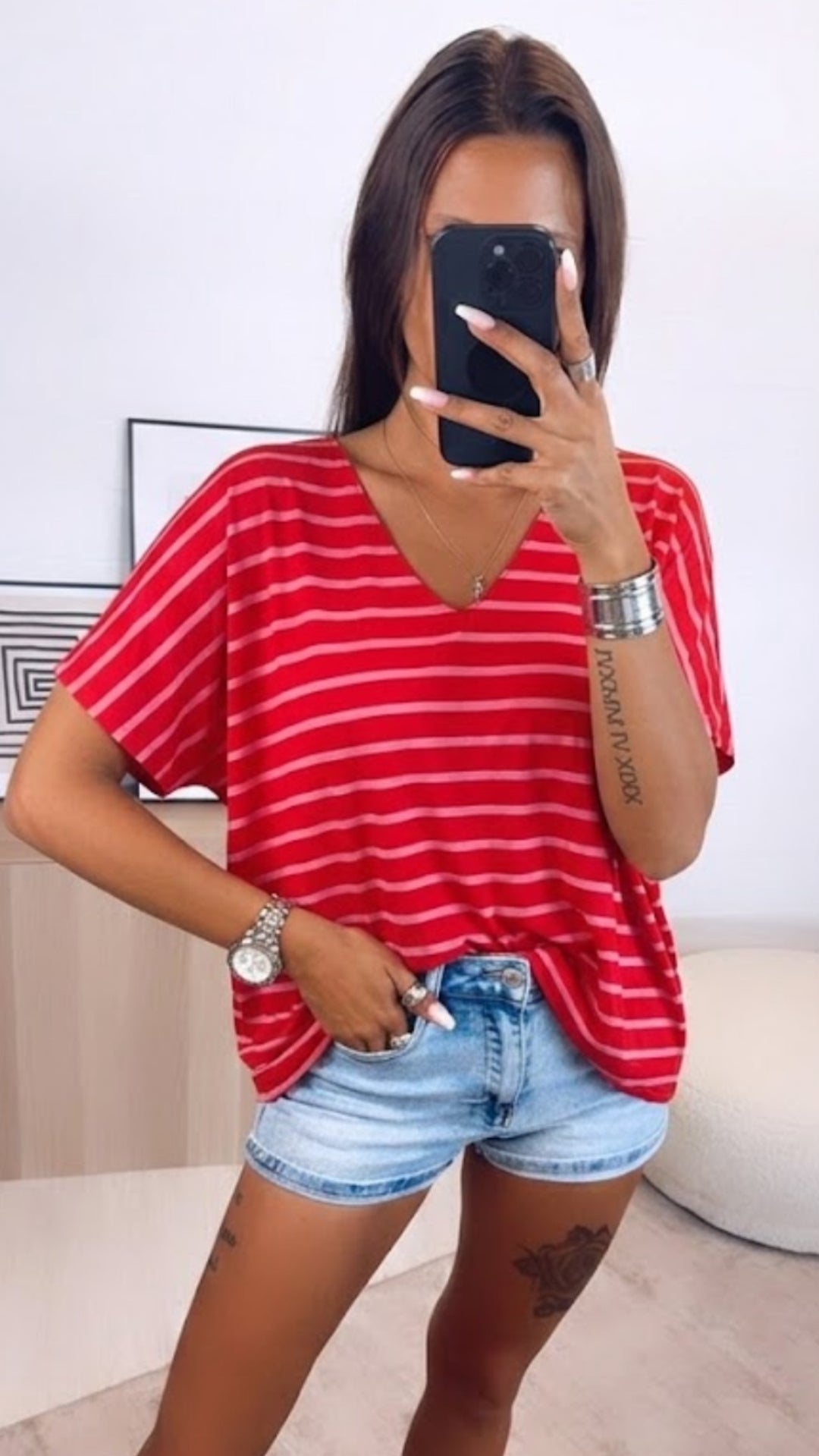STREIFEN T-Shirt Oberteil mit V-Ausschnitt / rot - beere Art.15633