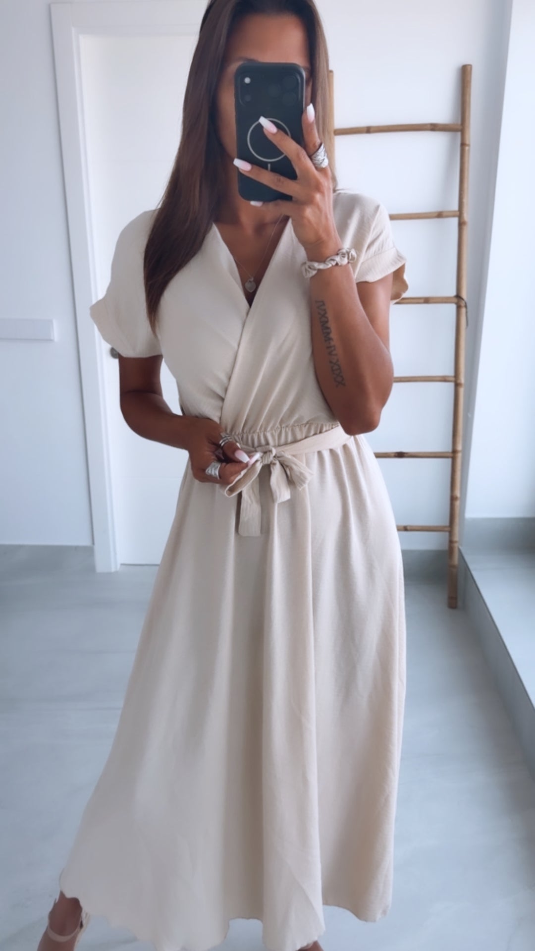 Maxi Kleid zum Binden, Wickeloptik / beige Art. 15369
