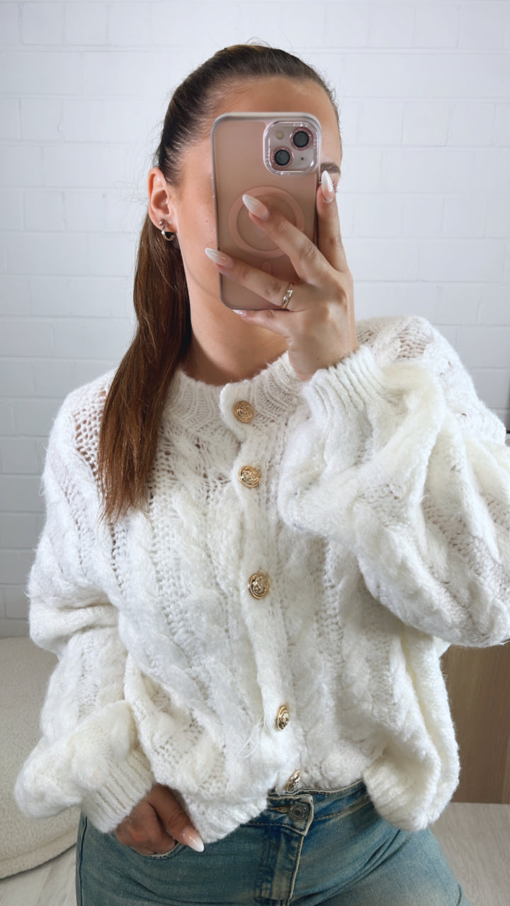 ZOPFMUSTER Strick Cardigan, goldene Knöpfe / weiss Art. 9447