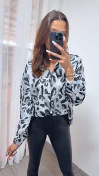 LEO Viskose - Leinen Bluse / grau - schwarz Art. 14019