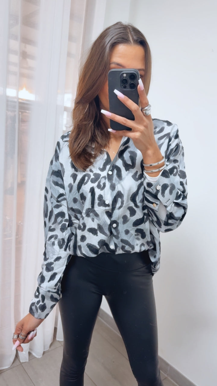 LEO Viskose - Leinen Bluse / grau - schwarz Art. 14019