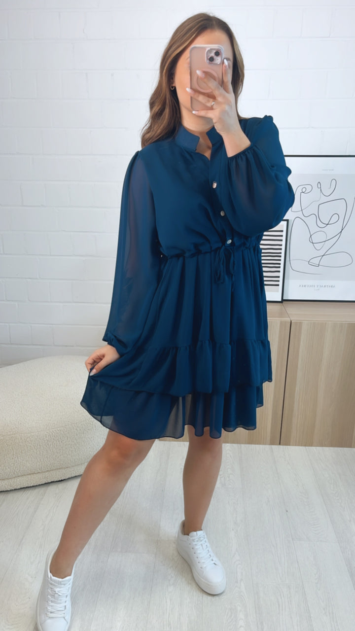 Chiffon Kleid mit verstellbarer Taille / dunkel blau Art. 9689