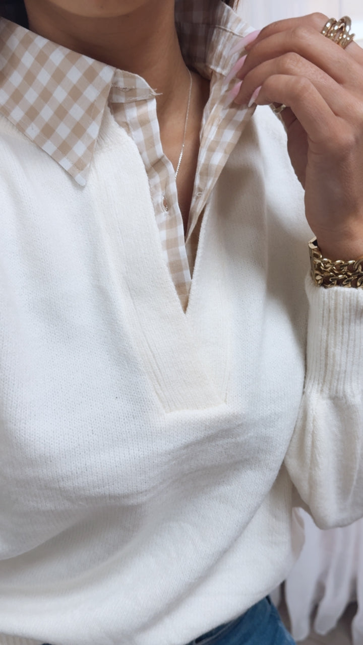 Pullover mit kariertem Blusenkragen / creme - beige - weiss  Art. 14181