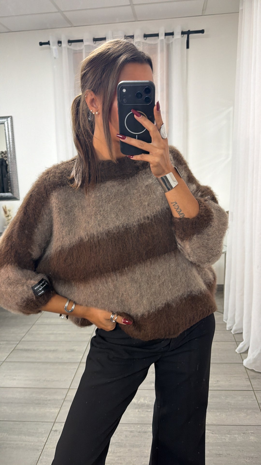STREIFEN flauschiger Pullover, 3/4 - Ärmel / braun - taupe Art. 16448