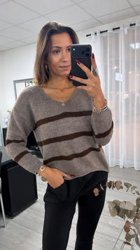 SCHMALE STREIFEN Strick Pullover, Vokuhila und V-Ausschnitt / taupe - braun Art. 16663