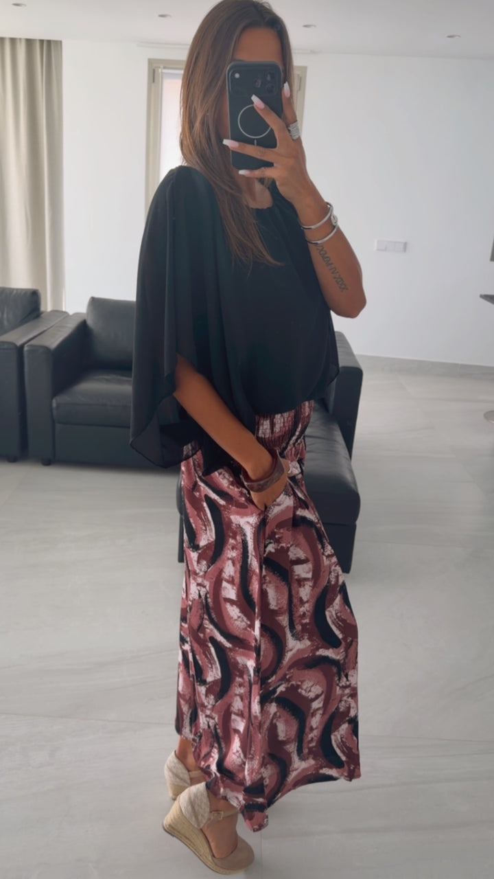 SMOK BUND Midi Palazzo Hose mit abstrakten Print / bordeaux - schwarz - weiss Art. 15906