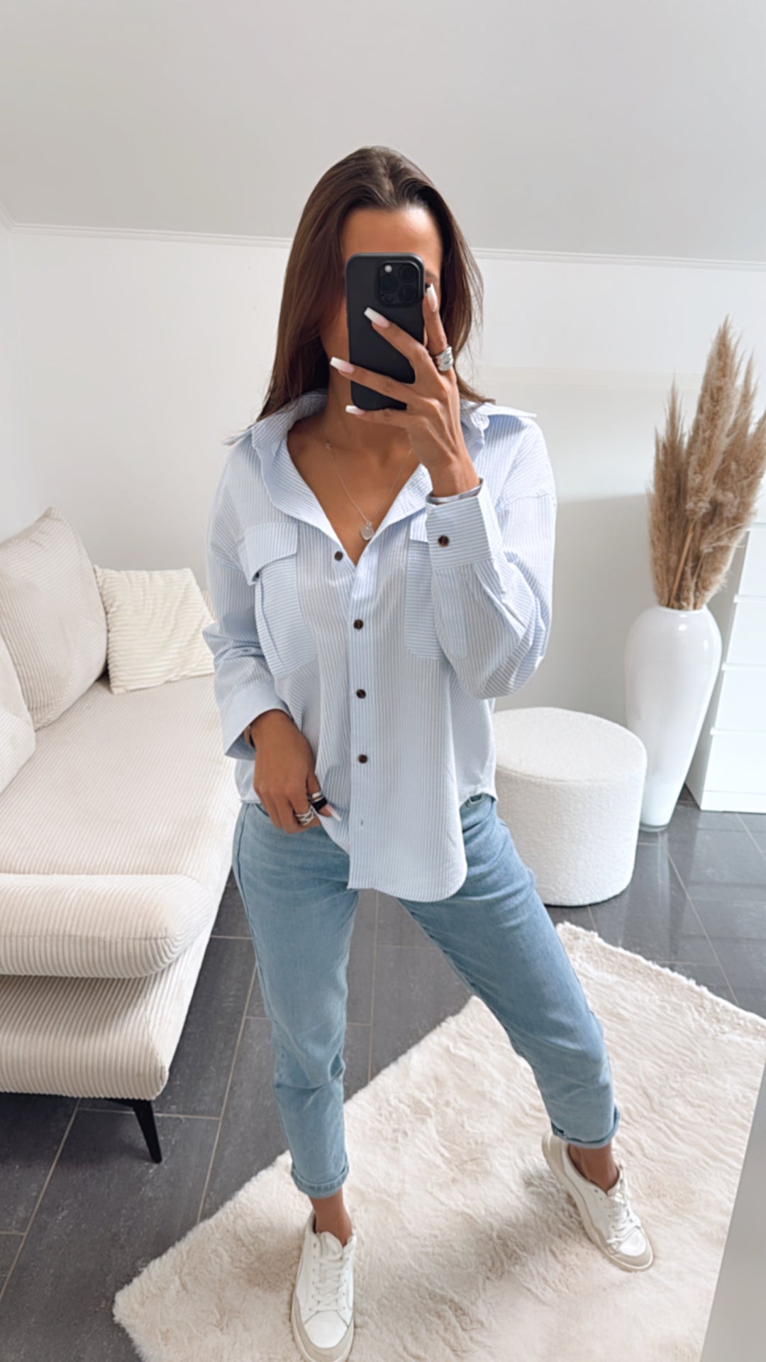 gestreifte Baumwoll Bluse / weiss - hell blau Art. 8591