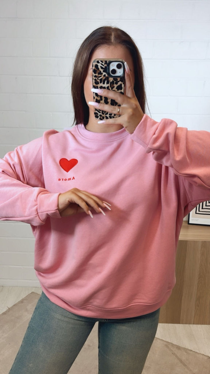 oversize Pullover " Amore " / rosa - rot Art. 12287