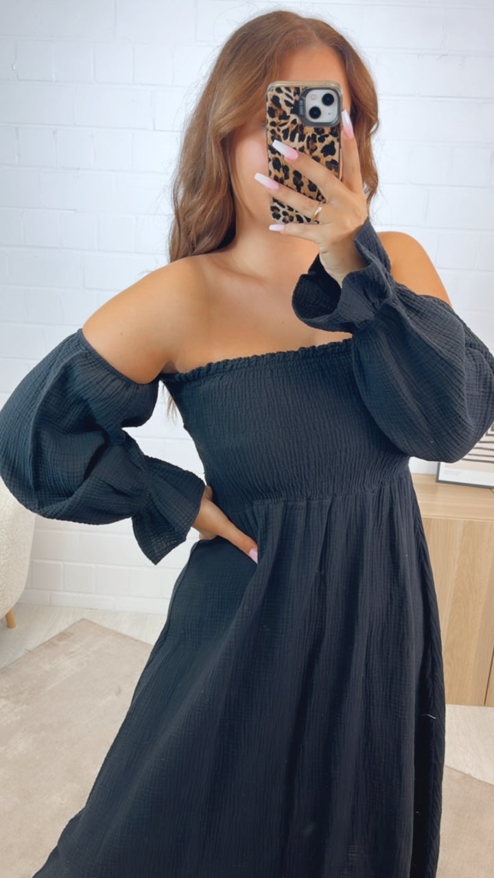(Midi-) off - shoulder Musselin Kleid / schwarz Art. 10862