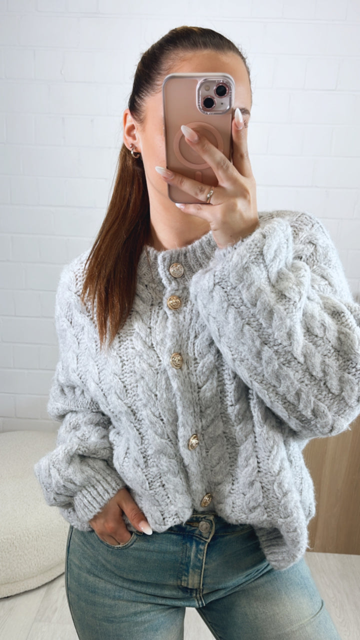 ZOPFMUSTER Strick Cardigan, goldene Knöpfe / hell grau Art. 9446
