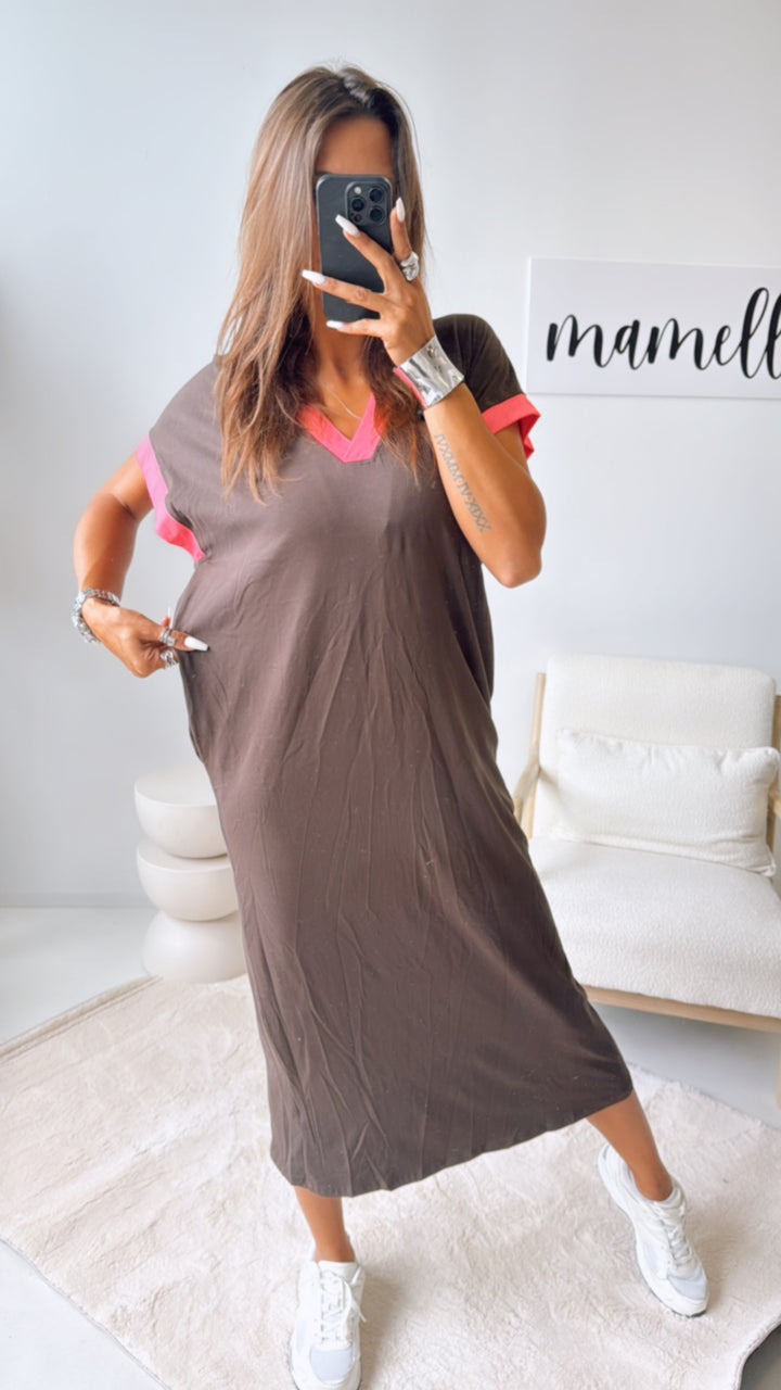(Maxi-) T-shirt Kleid, abgesetzte Ärmel / braun - pink Art. 10826