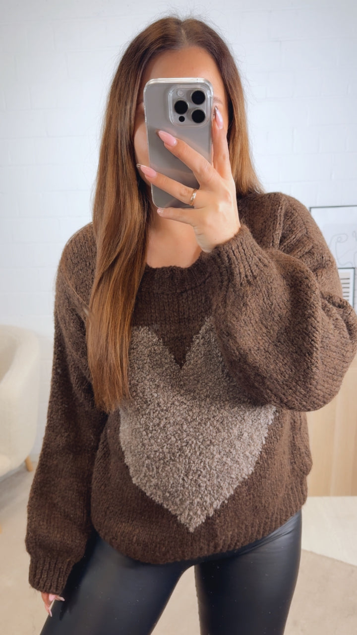 Strick Pullover mit Teddy Herz / schoko braun - braun meliert Art. 13086