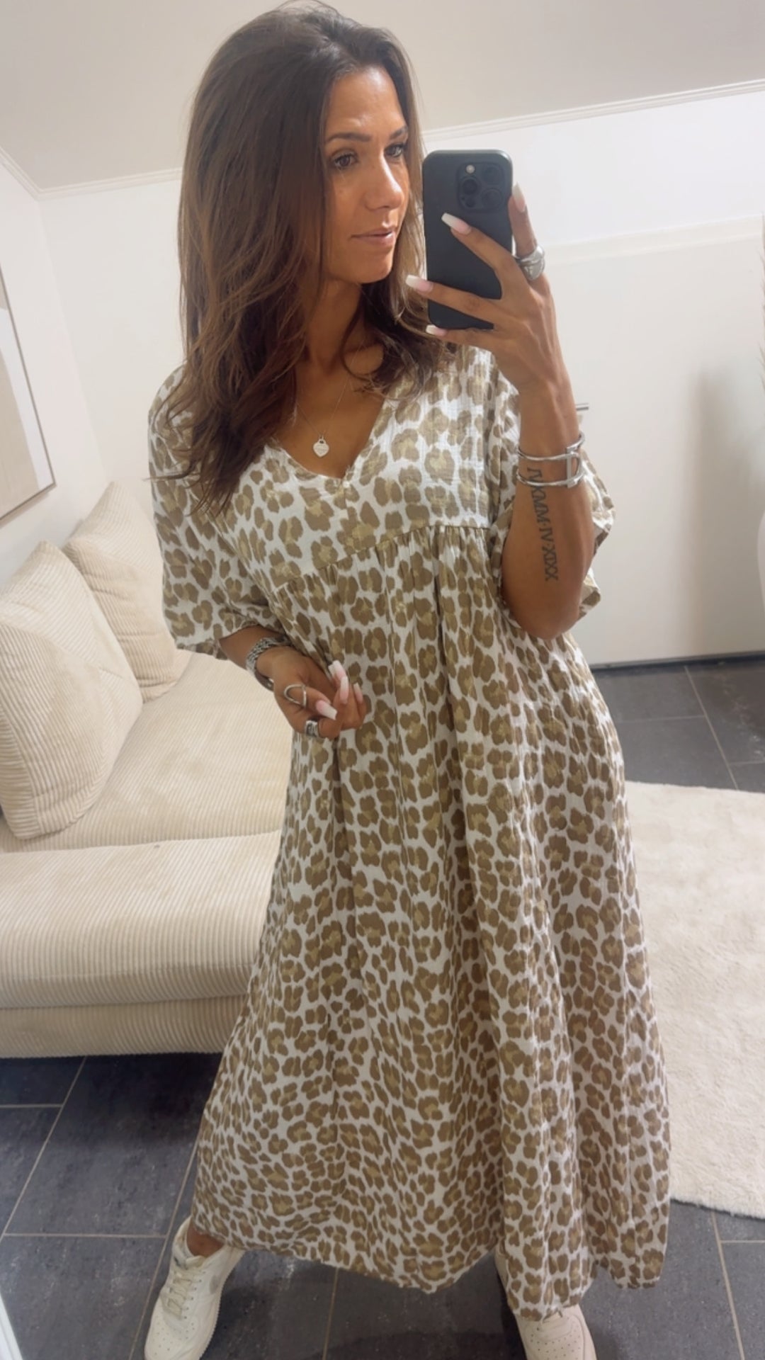 LEO langes Musselin Kleid, kurze Ärmel / weiß - beige - taupe Art. 14646