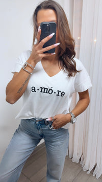 V-AUSSCHNITT T-Shirt " a•mó•re " / weiss Art. 14139