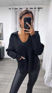 Strick Pullover mit tiefem Ausschnitt und Kragen / schwarz Art.16377