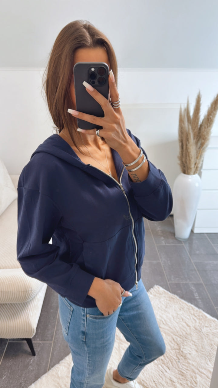 Kapuzen Strick Jacke, silberner Reißverschluss, Taschen / dunkel blau Art. 8744