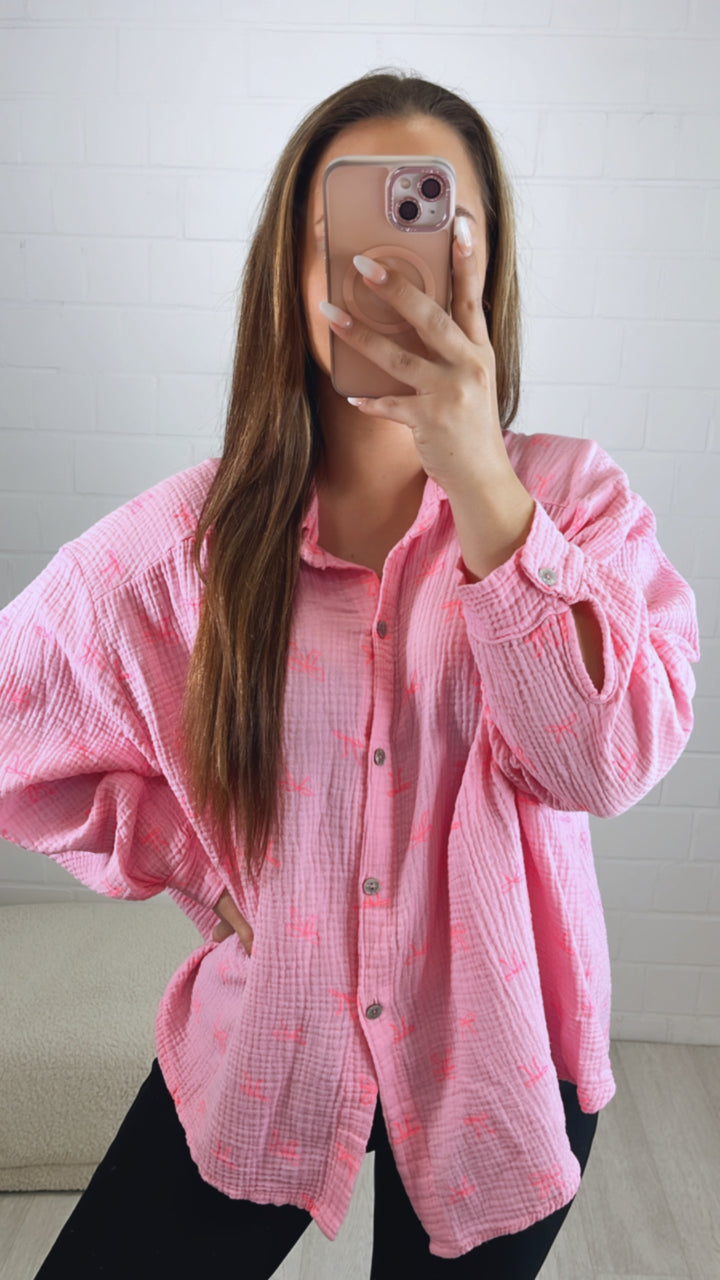 SCHLEIFEN KURZE Oversize Musselin Bluse / soft pink - neon pink Art. 10108
