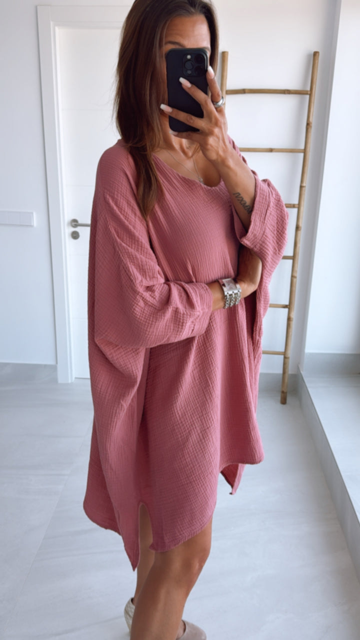 Musselin Ultra Vokuhila Long Bluse / helle beere Art. 9778
