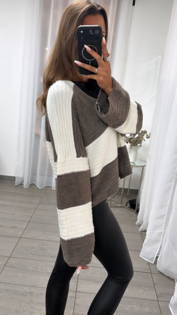 Breite Streifen Oversize Cardigan / aschiges braun - creme Art.16314