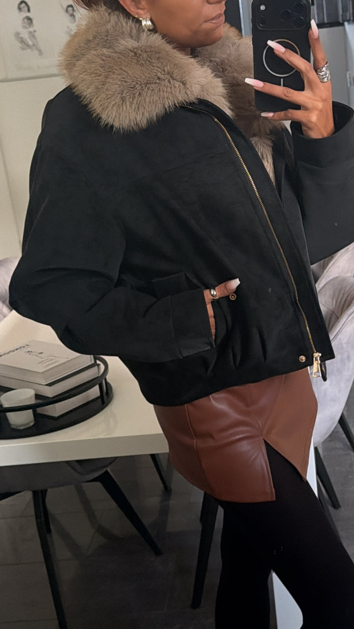 Kunstfell Jacke in matter Lederoptik / schwarz Art.16387