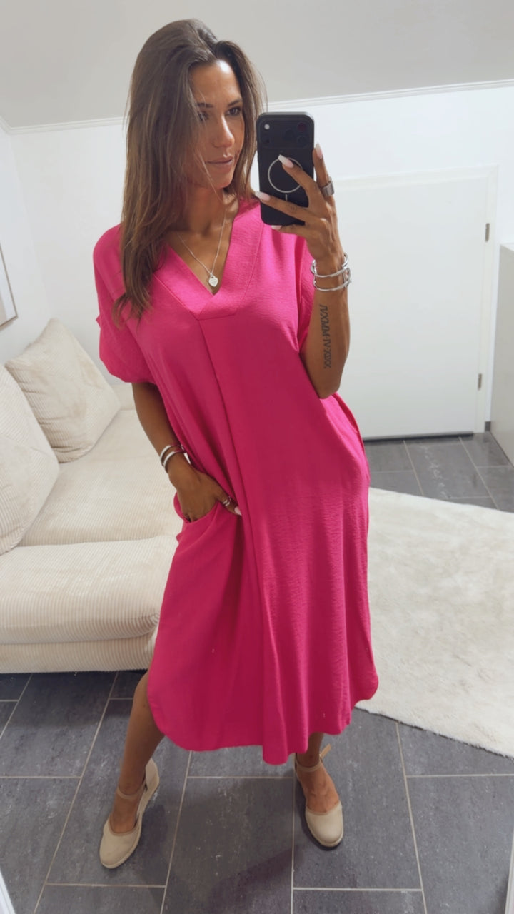 Viskose Maxi Kleid mit Taschen, seitlicher Schlitz / pink Art. 15366