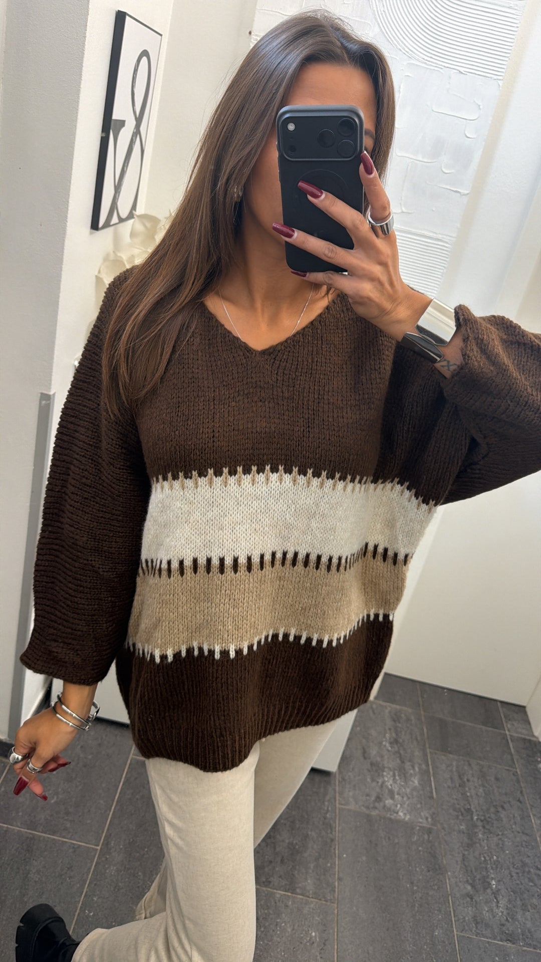 Wollfreier Blockstreifen Pullover / braun - beige - creme Art.16564