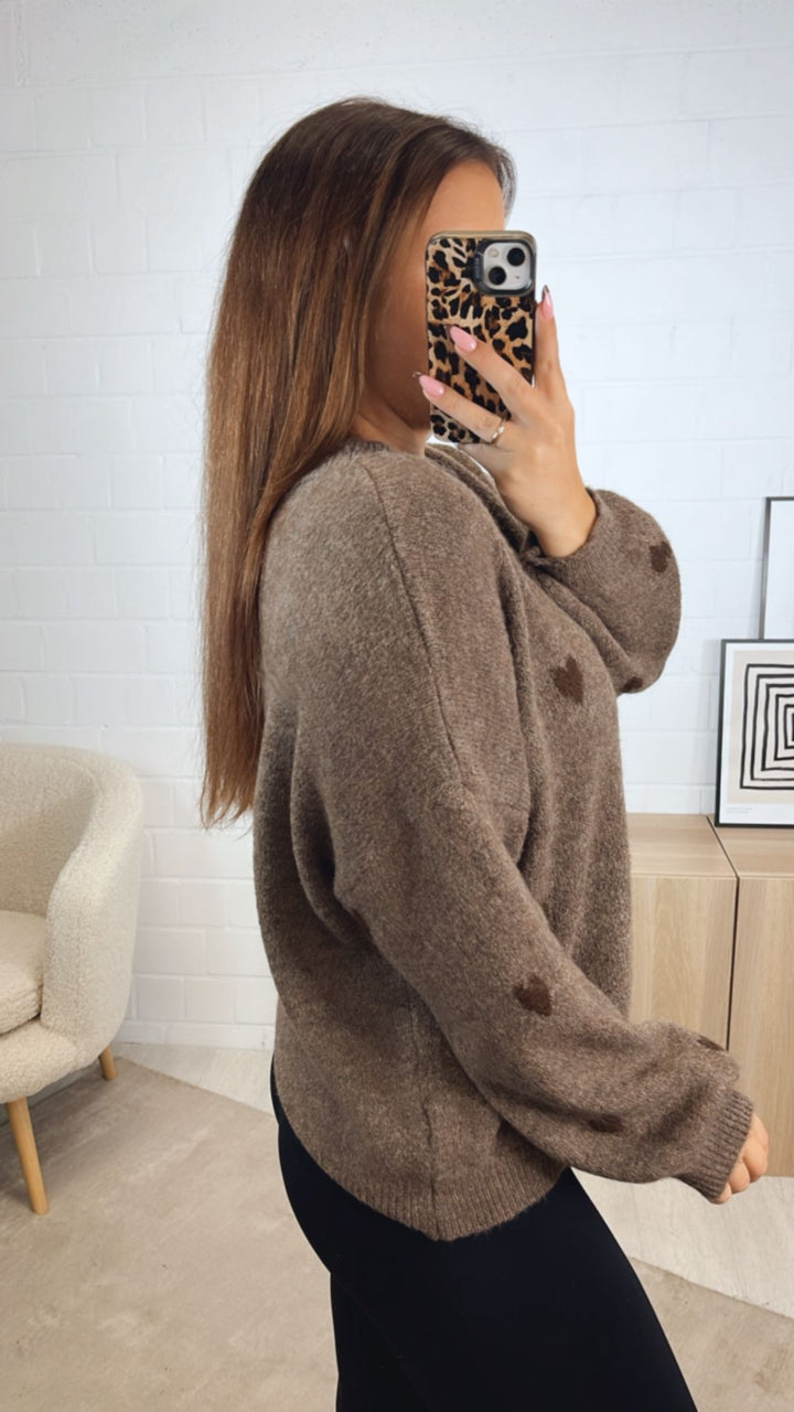 super süßer Pullover mit kleinen Herzen / braun meliert - Schoko braun Art. 12736