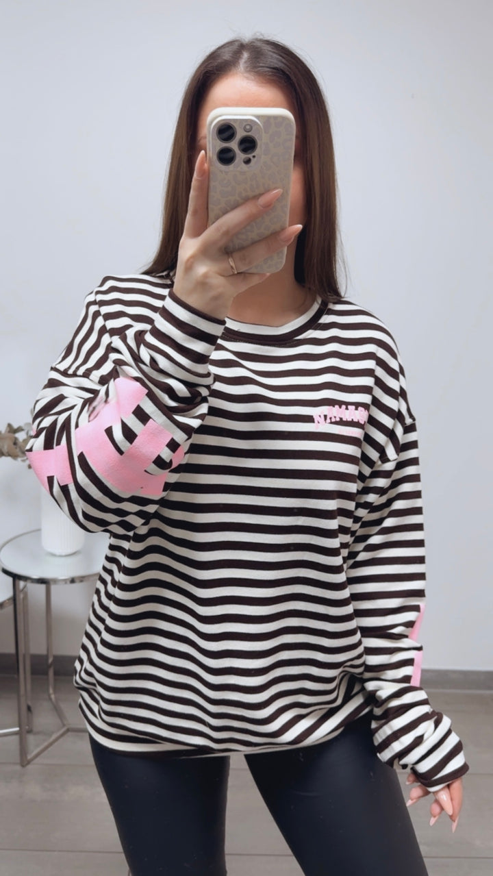 BREITE STREIFEN Pullover " all damn day " / creme - dunkel braun - soft rosa Art. 13707