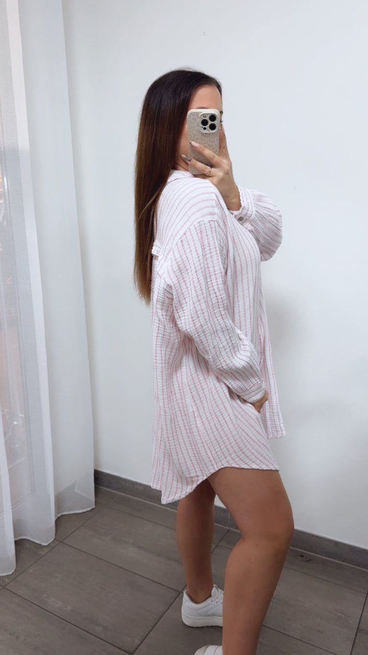 STREIFEN LANGE Musselin Bluse / pink verwaschen - weiss Art. 14300