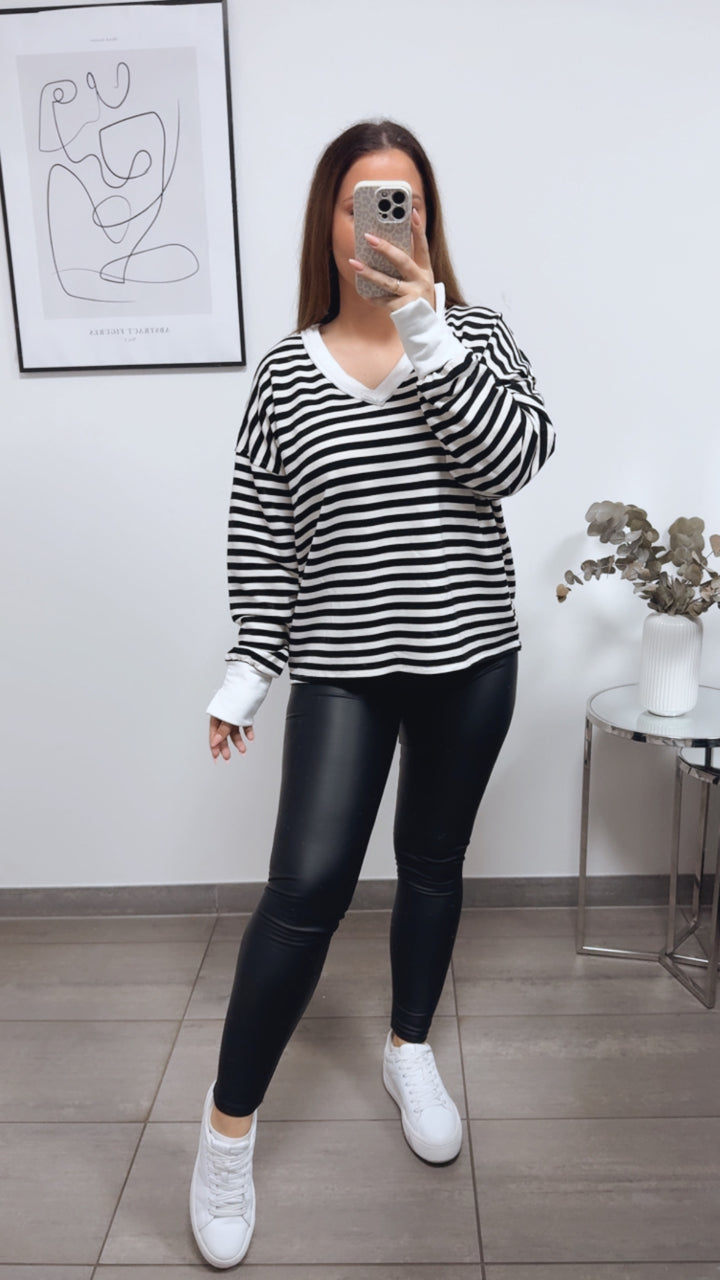 STREIFEN Sweater mit used V-Ausschnitt / schwarz - creme - weiss Art. 13340