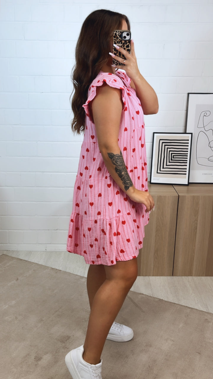 STREIFEN - HERZEN Musselin Hängerchen Kleid / rosa - altrosa - rot Art. 10099
