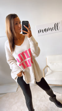 ultra oversize Strick Pullover " Amour " / creme - neon pink Art. 122319