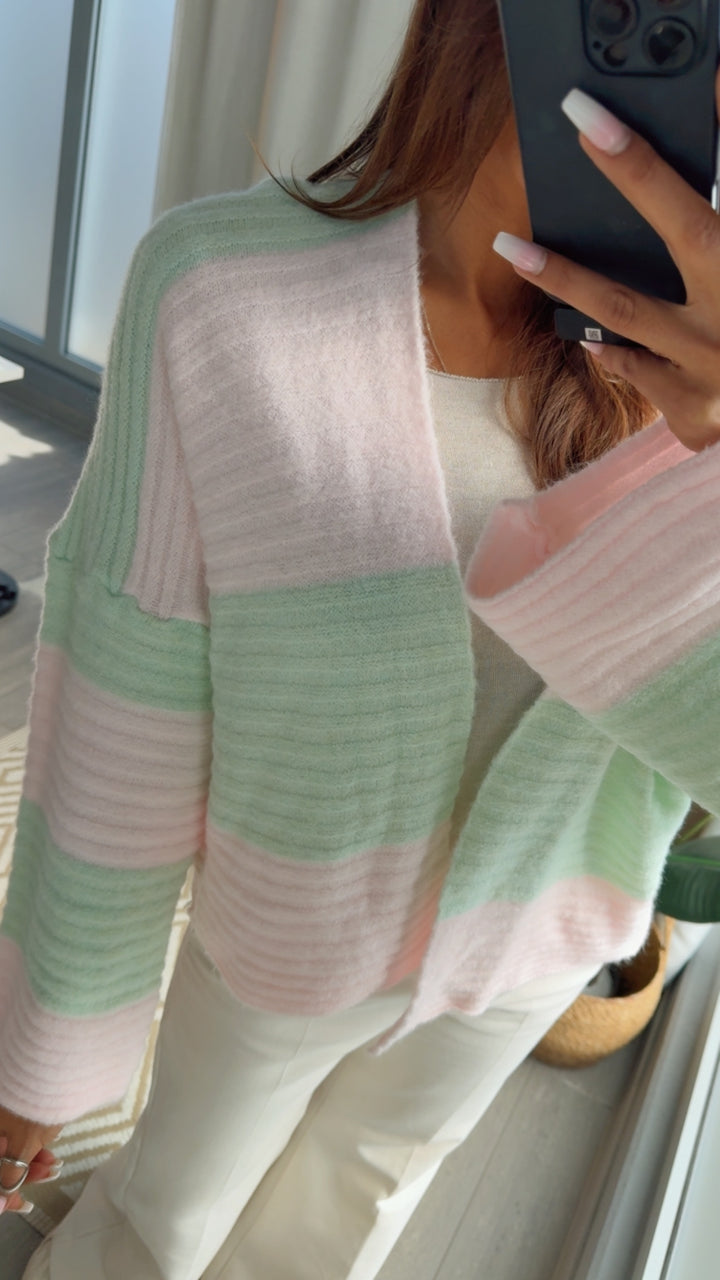 STREIFEN weiter, offener Cardigan / soft mint - soft rosa Art. 14659