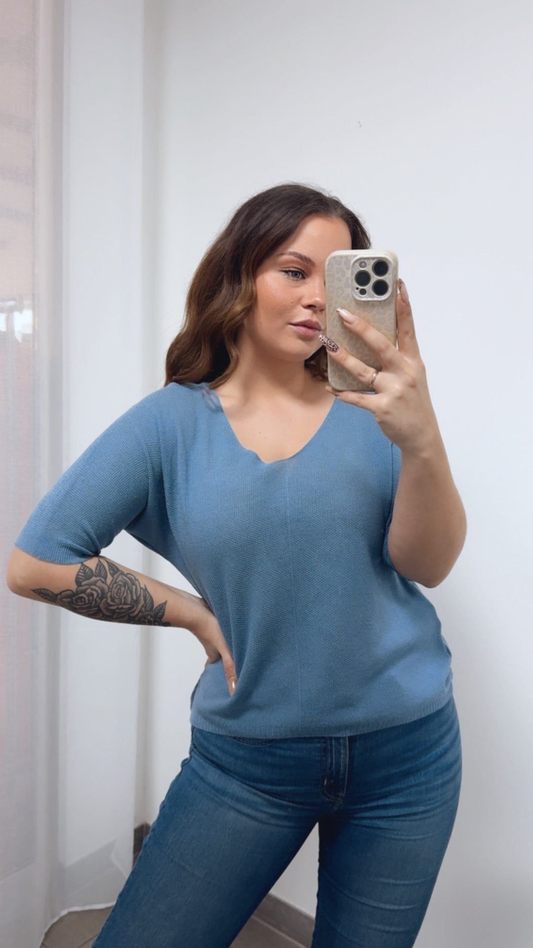 feines Strick Oberteil mit kurzen Armen / denim blau Art. 14398