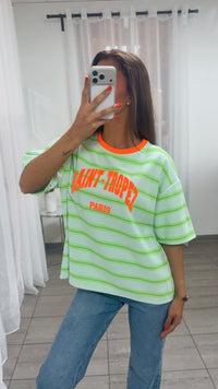 Oversize Shirt mit Neonakzenten, Streifen / mint - neon grün - neon orange - flieder Art. 15918