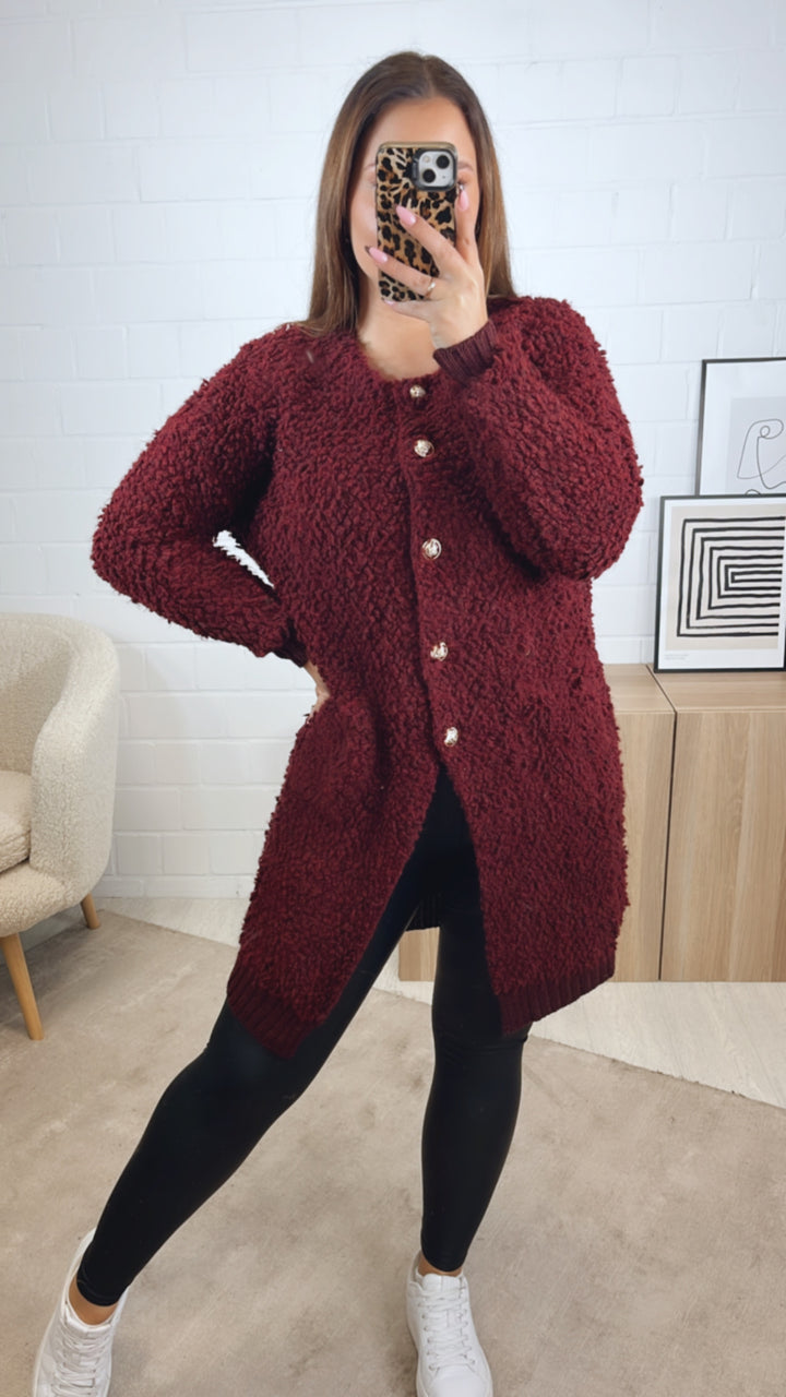 TEDDY langer Cardigan mit gold - silbernen Knöpfen, Taschen / bordeaux rot Art. 12834