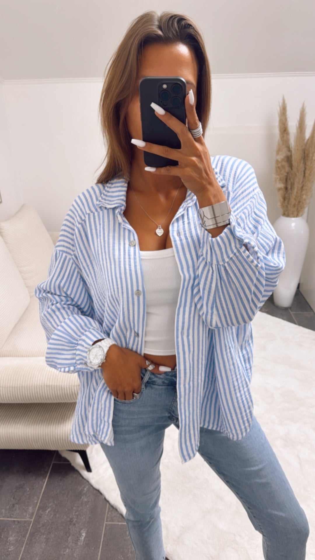 KURZE Oversize Musselin Bluse mit Streifen / blau - weiss Art. 5701