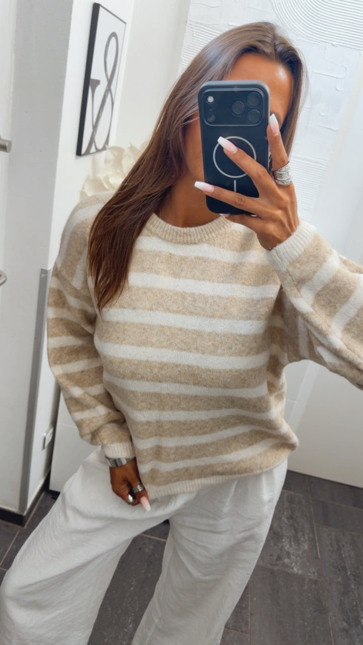 gestreifter, weicher Strick Pullover / beige - weiss Art. 16118