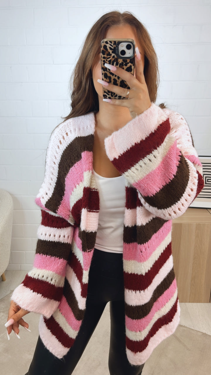 offener Cardigan mit Loch Strick Muster / braun - pink - rosa - weiss - rot Art. 12328