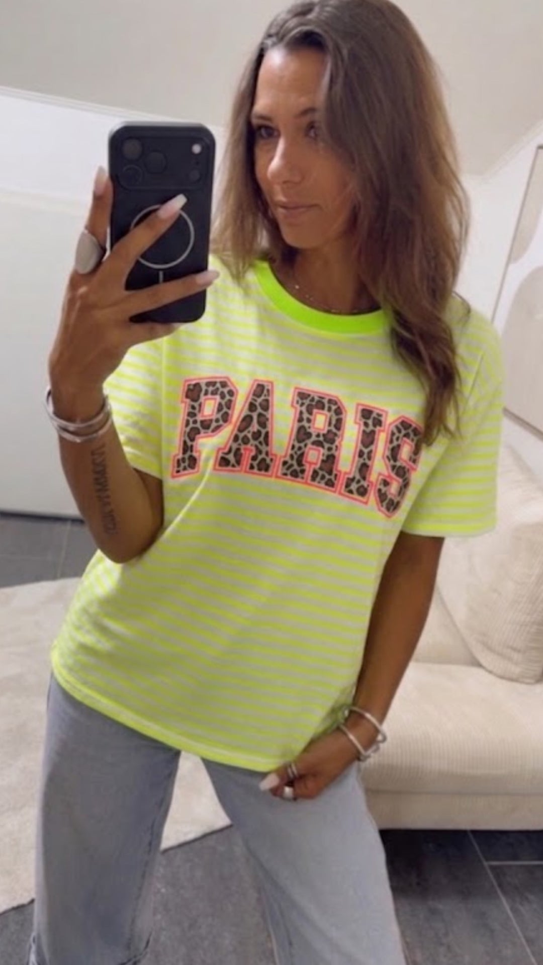 STREIFEN Shirt " Leo PARIS " / weiss - neon gelb Art. 15467