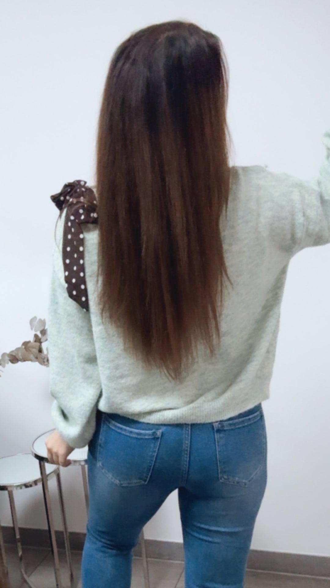 ONE SHOULDER Pullover, Punkte Schleife / mint meliert Art. 13817