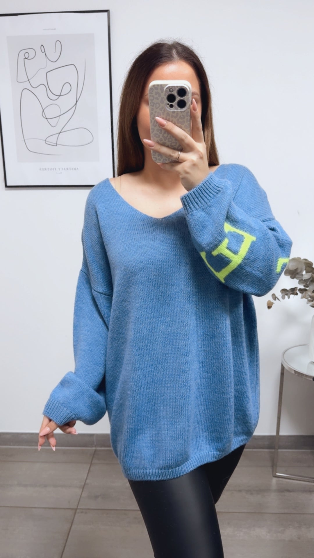 Strick Pullover "Namaste" / Denim Blau - Neon gelb Art. 13337