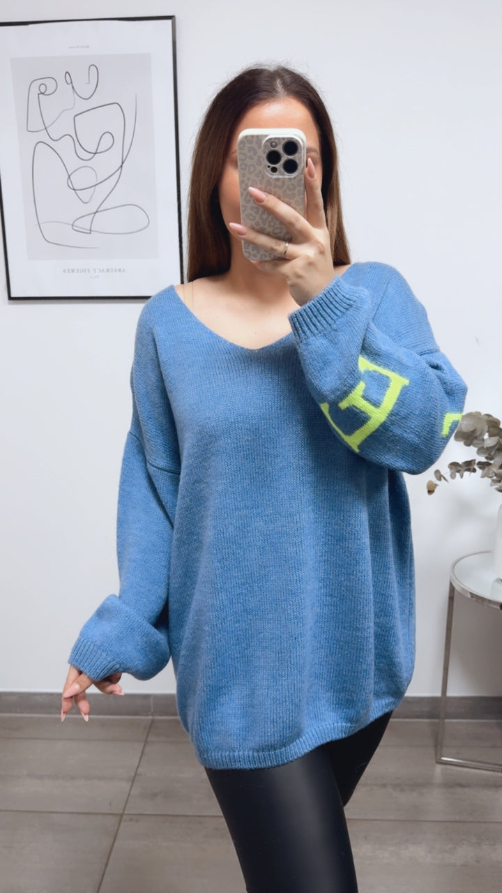 Strick Pullover "Namaste" / Denim Blau - Neon gelb Art. 13337