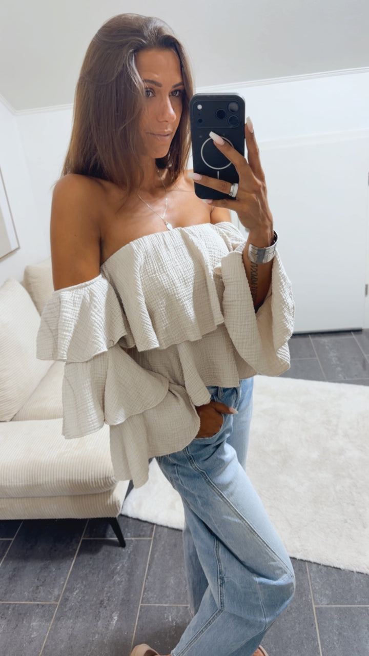 Musselin Off-Shoulder Oberteil, Volant / beige Art. 15661